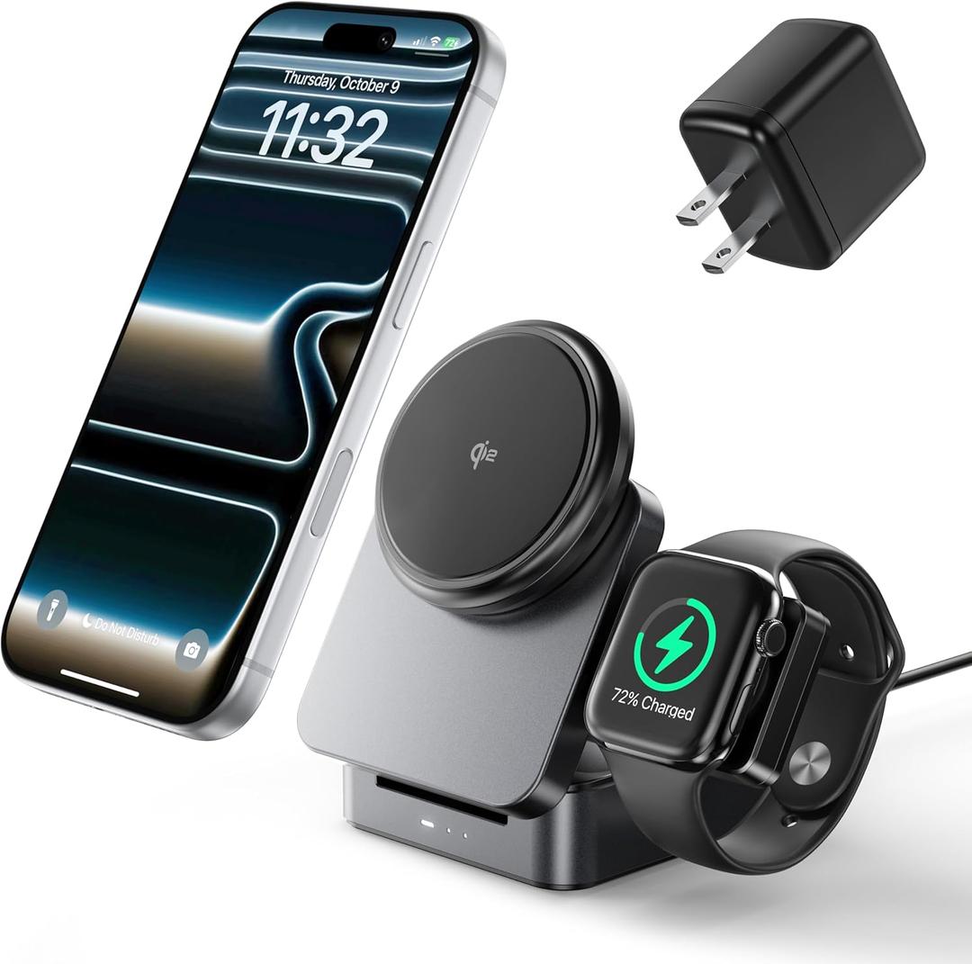 3-in-1 Wireless Charging Station for Apple, Qi2 Certified 15W Foldable Mag-Safe Travel Charger Stand Wireless Charger Dock for iPhone 17/16/15/14/13/12, Apple Watch & AirPods (30W Adapter Included) (Gray)