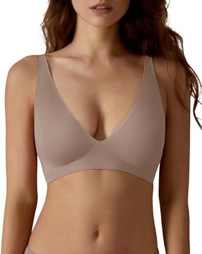 SHARICCA Pro Seamless Bra for Women Deep V Neck Wirefree Bra Adjustable Strap Comfort Sleep Bra Removable Padded Bralette Small