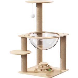 24.7in Large Cat Tree for Indoor Cats, Cat Tower with Sisal Scratching Posts, Cat Activity Center with Cat House, Interactive Teaser Balls, Sturdy Wood Cat Climbing Tower for Kittens&Adult Cats, Beige