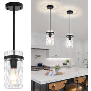 2 Pack Black Pendant Lights Kitchen Island, Modern Hammered Glass Pendant Lighting Over Island Hanging Kitchen Light Fixtures Hallway Ceiling Lights Adjustable Pendant Light for Dining Room Entryway