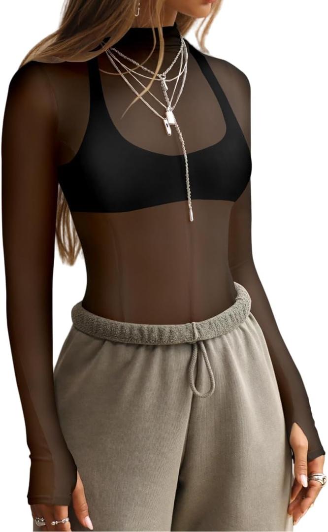 Ahtyeo Womens Mesh Long Sleeve Tops Mock Neck Sexy See Through Tee Shirts Party Club Night Lace Sheer Layering Blouse (Large, Black)