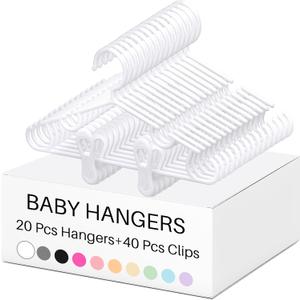 Hsei 5/10/40 Pack Baby Hangers with 10/20/80 Clips, Plastic Kids Pants Hangers for Nursery Closet Top and Bottom Clothes Hanger Set for Newborn Infant Toddler(60 Packs Total,White,10.6 Inch)