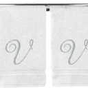 Monogrammed Hand Towel, Personalized Gift, 16 x 30 Inches - Set of 2 - Silver Embroidered Towel - Extra Absorbent 100% Turkish Cotton- Soft Terry Finish - For Bathroom, Kitchen and Spa- Script V White