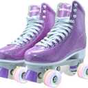 Womens Roller Skates, High Top PU Adult Derby Quad Skates Shoes Outdoor Shiny Double-Row Four Wheels Light Up Leather Rollerskates for Ages 8-50