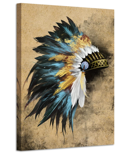 LevvArts Indian Canvas Wall Art Native American Chiefs Headdress Feathered Painting Canvas Print Vintage Home Living Room Gold and Blue Wall Decor Gallery Wrap Ready to Hang 24x36inches