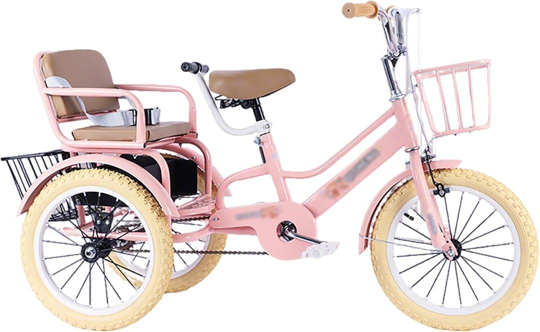 SRNSAEB Pink Gray Green Yellow 3-Wheel Bikes Carrying Passengers, Three Wheel Cruiser Bike Two-Seater Children Tricycle, Double Twins Toy Bicycle with Adjustable Height Seats & Handle(Pink,18in)