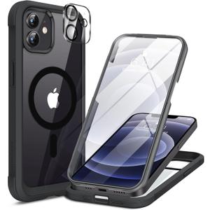 Miracase Magnetic for iPhone 12/12 Pro Case 6.1 inch, (Compatible with MagSafe) Upgrade Full-Body Clear Phone Bumper Case with Built-in 9H Tempered Glass Screen Protector, Magnetic Classic Black
