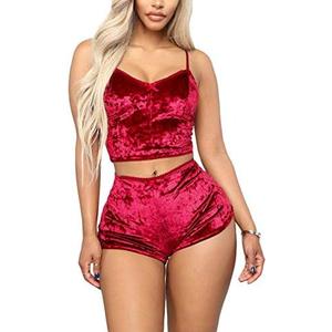 Angsuttc Women's Velvet 2 Piece Outfit Spaghetti Strap Crop Top Shorts Pajamas Set Sleepwear Nightwear, XXL