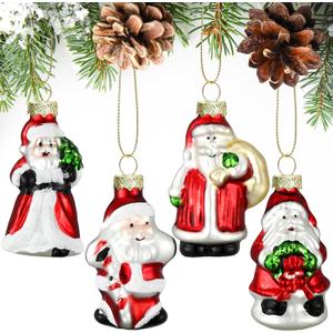 Shappy 4 Pcs Santa Claus Christmas Tree Ornament 4 Styles Glass Blown Mini Vintage Christmas Hanging Ornaments Winter Decorations for Xmas Party Decorations Gift
