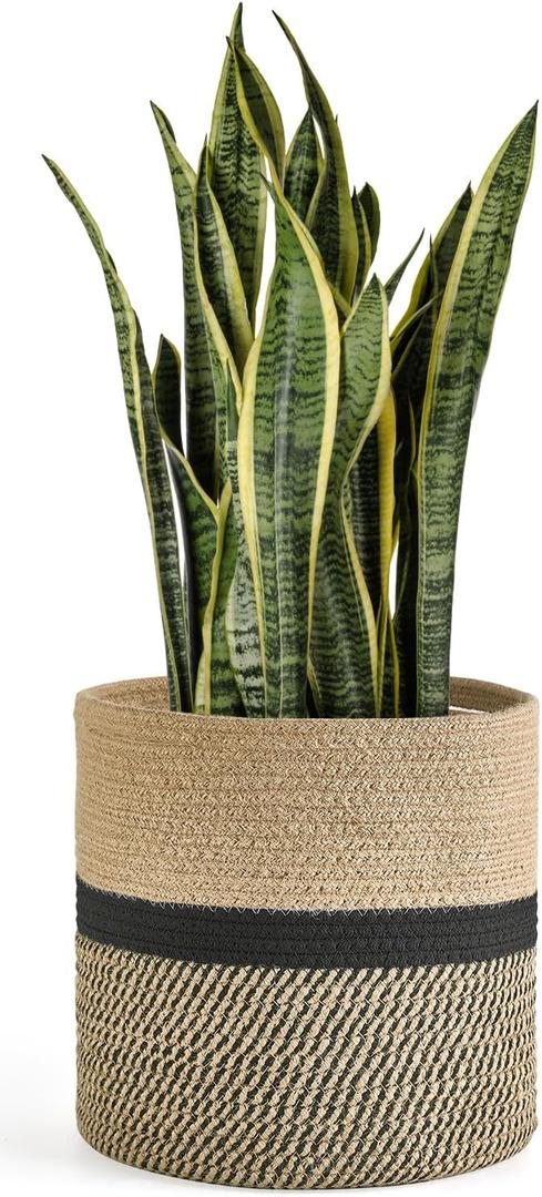 Dahey Jute Rope Plant Basket Modern Woven Storage Basket for 10.5" Indoor Planter, Decorative Flower Pots Cover Laundry Bin with Handle Rustic Home Decor, Black