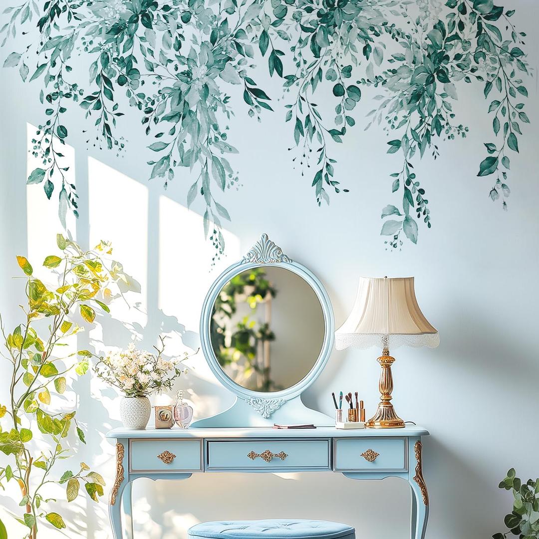 Teal Plants Leaves Wall Decals Peel and Stick, Large Floral Flowers Vinyl Wall Stickers, Removable Vine Home Decor Art for Bedroom Living Room Classroom Office