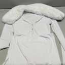 Women Sexy 2 Piece Outfits Rave Tie-up Feather Trim Fur Long Sleeve Cardigan Deep V Blouse (Small, Furry Collar Cardigan Skirt Set-white)