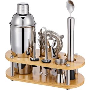 Cocktail Shaker Set Bartender Kit - 11 Pcs Bar Tool Set with Bamboo Stand & All Bar Accessories: Martini Shaker, Strainer,Jigger, Muddler, Mixer Spoon Barware Kit, for Bar, Home Lounge & Party (Silver)