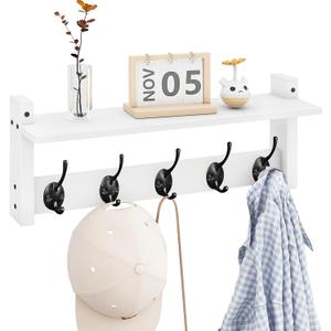 Homode Wall Shelf with Hooks, Coat Rack Wall Mount with Pegs, Hanging Entryway Coat Hanger, Wood and Iron Shelf for Bathroom, Hallway, Bedroom, White