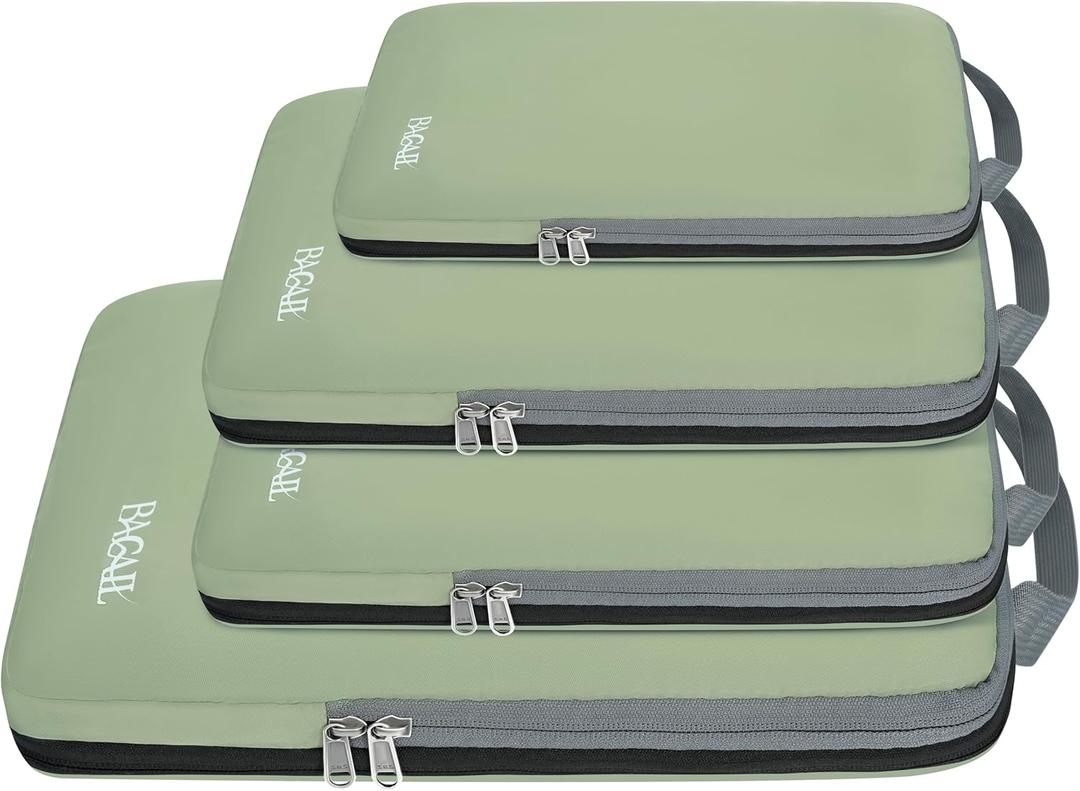 BAGAIL 4 Set/6 Set/8 Set Compression Packing Cubes Travel Accessories Expandable Packing Organizers (Cloth Pattern, 4-Matcha Green)