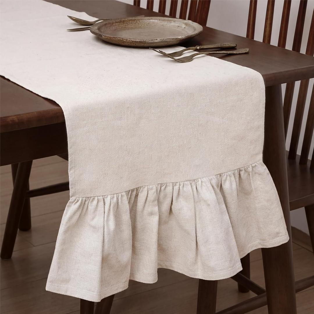 Gilprop Boho Table Runner Linen Farmhouse Table Runners with Ruffle Hem Rustic Burlap Home Party Decoration for Living Room(13 x 72 Inch,Linen Beige)