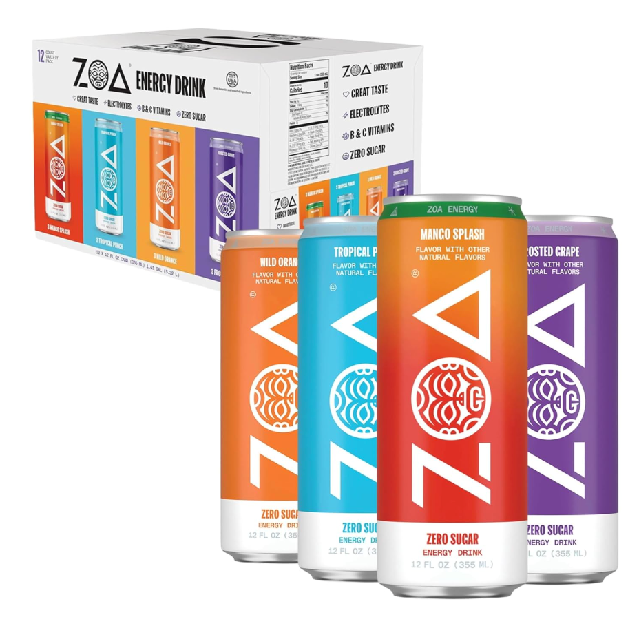 ZOA Zero Sugar Energy Drinks, Variety Pack - Sugar Free with Electrolytes, Healthy Vitamin C, Amino Acids, Essential B-Vitamins, and Caffeine from Green Tea (MS, TP, FG, WO)- 12 Fl Oz (12-Pack), BB 09-07-26