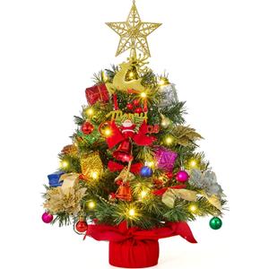 JOIEDOMI 24"/2FT Pre-lit Tree with Decoration Kit Artificial Christmas Tabletop Tree with 70 Branch Tips 30 LED Lights, Includes Star Topper Ornaments, Battery Operated Mini Tree for Indoor Xmas Decor