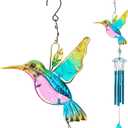 35" Blue Hummingbird Wind Chimes, Indoor Outdoor Glass Painted Mobile Chime for Patio, Balcony, Garden, Yard, or Home Window Decoration, Lifelike Stained Metal Style with Deep Tone Music, Lawn Hanging