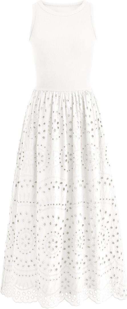 dowerme Women Summer Dresses 2025 Casual Sleeveless Crewneck A-Line Boho Lace Eyelet Cotton Tank Maxi Dress with Pockets (Medium, White)