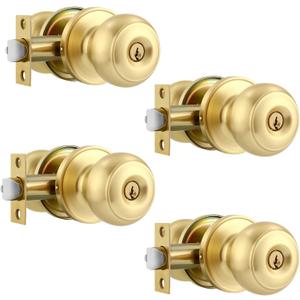 Karlstone 4 Pack Gold Ball Door Knob, Satin Brass Round Front Door Handle Gold Entry Door Lock for Right or Left Handed Doors