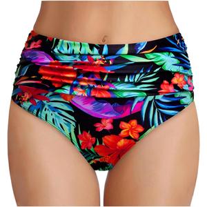 Tempt Me Women's High Waisted Bikini Bottom Tummy Control Ruched Bathing Suit Swim Bottom, Size M (Red Flower)