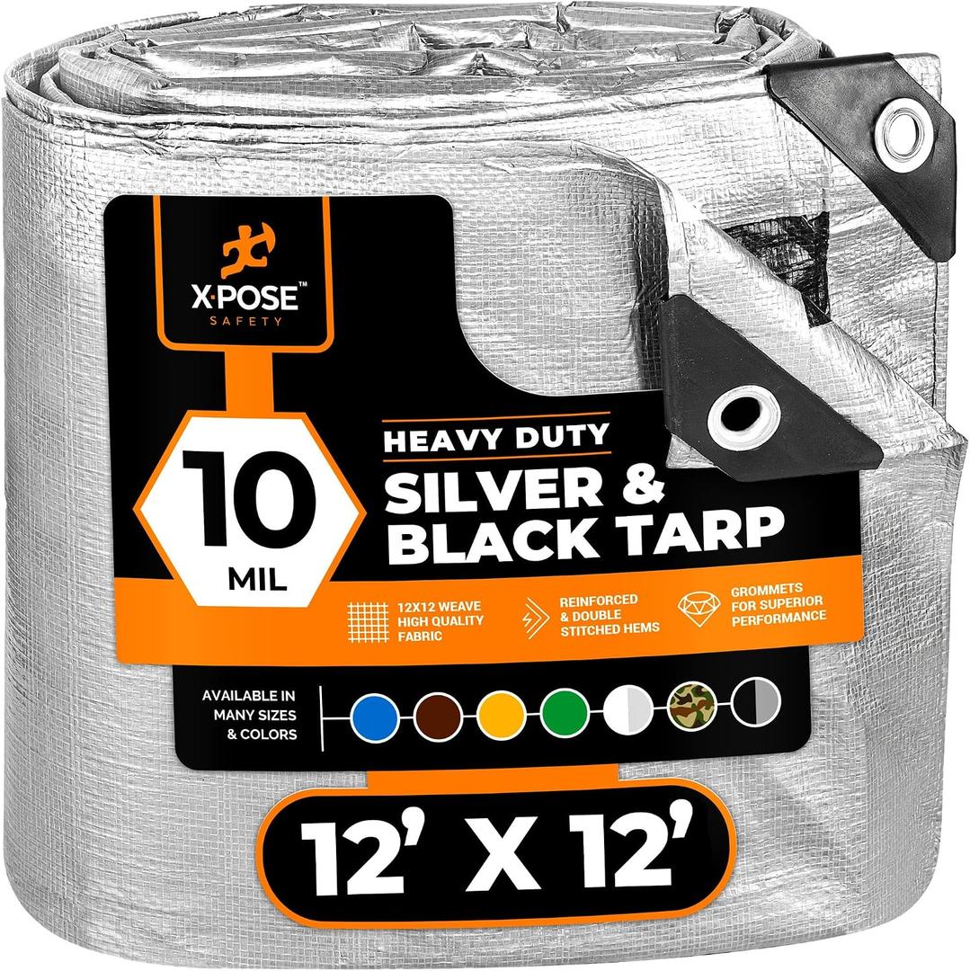 Heavy Duty Poly Tarp - 12' X 12' -10 Mil Thick Waterproof, UV Blocking Protective Cover - Reversible Silver and Black - Laminated Coating - Grommets - by Xpose Safety