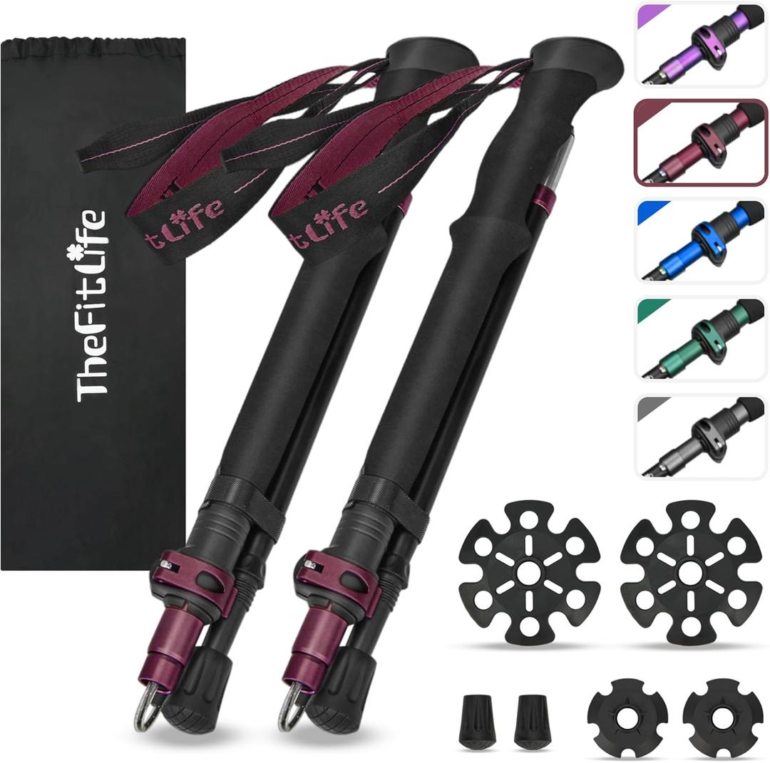 TheFitLife Collapsible Trekking Poles for Hiking  Lightweight Folding Walking Sticks for Men and Women with Extra-Long Foam Handle and Metal Flip Lock (100-120cm for Users 5'7" or under, Red)