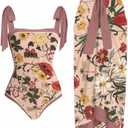 3 Piece Bikini Sets for Women, Sexy V Neck Flower Print One Piece Swimsuit with Cover up Wrap Skirt Beachwear 2 Piece Set, Ladies Retro Swimming Bathing Suits Vacation Party Costume Dusty Pink M