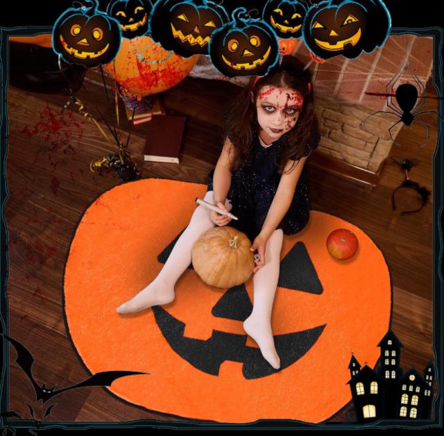 Treela Halloween Pumpkin Bathroom Rug 35 Inch Pumpkin Shape Bath Mat Absorbent Halloween Door Mat Orange Pumpkins Decorative Doormat Nonslip Washable Toilet Rug for Indoor Outdoor Kitchen Floor Decor Pack of 2