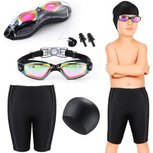 5 Pcs Boys Swimming Gear Set Swim Jammers Goggles Cap Ear Plugs & Nose Clip for Pool Beach Kids Age 8-16