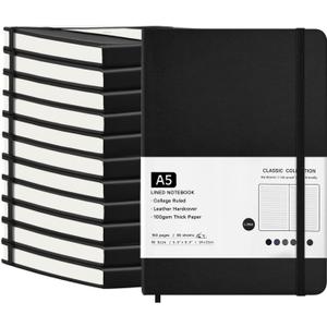 12 Pack Journal Notebooks College Ruled Notebook Classic Leather Hardcover Lined Journals for Writing Office School Home Business, 8.3 x 5.5, 100GSM Thick Paper, 160 Pages (Black, A5)