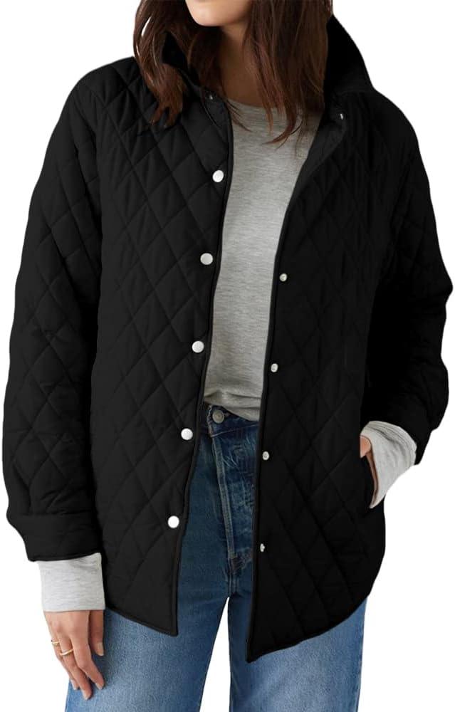 GrlasenWomen's Lightweight Quilted Jacket Stand Collar Single-breasted Long Sleeve Warm Oversized Coat with Pockets, Medium , Black 