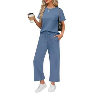 WIHOLL 2 Piece Sets for Women Casual Summer Travel Vacation Outfits Short Sleeve Wide Leg Crop Pants Lounge Sets, Large