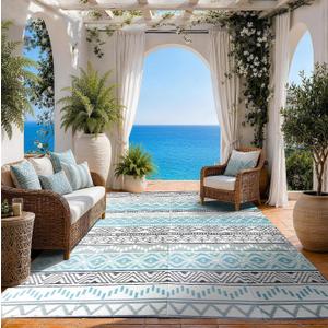 Outdoor Rug 8 x 10 ft, Reversible Plastic Straw Rug for Patio, Waterproof Large Outdoor Carpet for RV, Patio, Camping, Backyard, Deck, Picnic, Beach, Blue & Grey