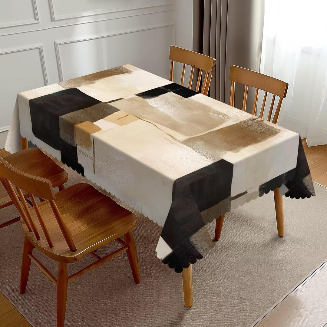 Oil Painting Abstract Tablecloth Black White Brown Boho Beige Tan Cream Table Cloth Rectangle Table Cover Kitchen Decorations for Home Dinner Party 54 x 72 Inch