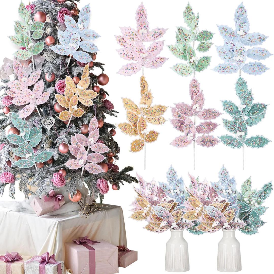 6 Pcs Candy Land Christmas Decorations 13.8'' Pastel Candy Christmas Tree Picks and Sprays Pastel Poinsettia Leaves Stem Pink Yellow Green Blue Macaron Tree Toppers for Wreath Garland Vase