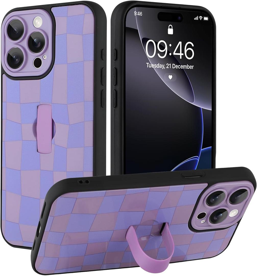 SOKAD for iPhone 16 Pro Max Case with Finger Strap Kickstand, Cute Checkered Checkerboard Phone Case with Finger Hand for Women Men, Slim Full Camera Protection Shockproof Case Cover, Purple