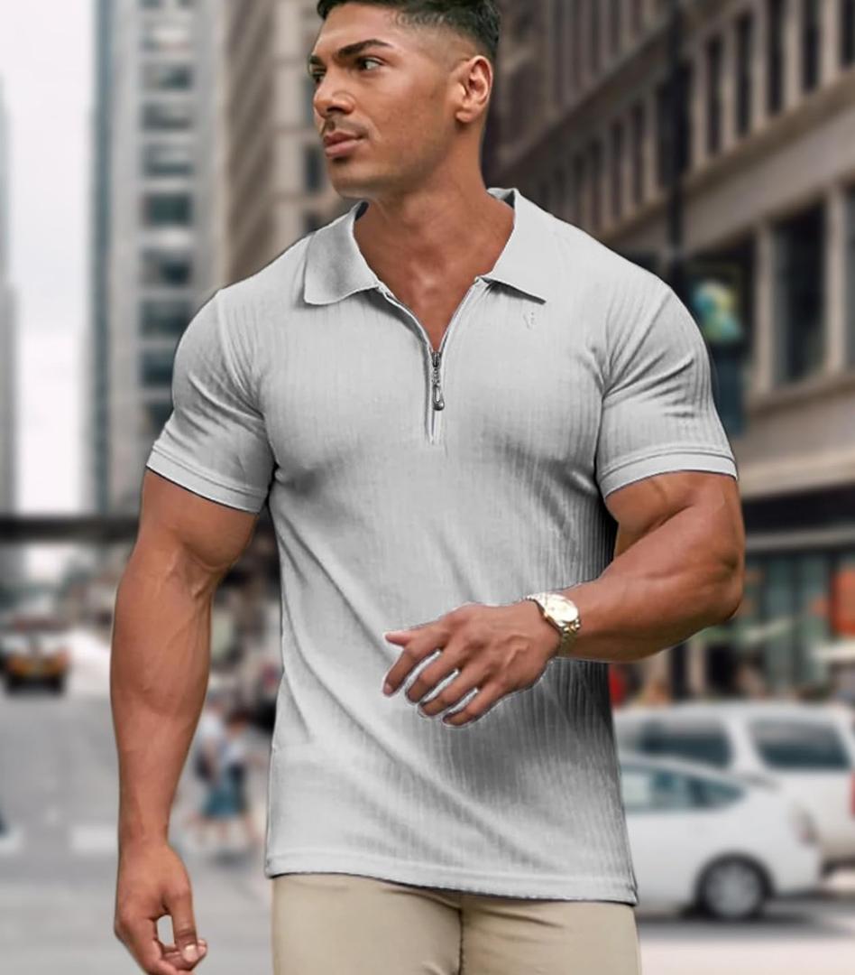 Muscle Polo Shirts for Men Slim Fit Textured Knit Sleeve Mens Collared Shirts Casual Stylish, M