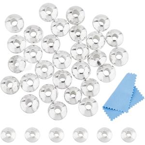 DICOSMETIC 30Pcs 925 Sterling Silver Spacer Beads 4mm Flat Round Beads Smooth Loose Beads Metal Saucer Beads Large Hole Silver Round Beads with Polishing Cloth for Ring Necklace Earring Bracelet (4x2mm)