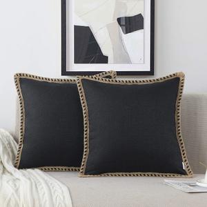 NordECO HOME Set of 2 Farmhouse Throw Pillow Covers - Burlap Linen Trimmed Tailored Edges Decorative Cushion Covers for Bed Home Decoration, 18 x 18, Black (18" x 18" (Pack of 2), Black 2/ Linen Band)