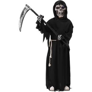 Boys Grim Reaper Halloween Costumes Kids Ghost Robe w/Glowing Red Eyes Mask and Sickle (4-6X, Black)