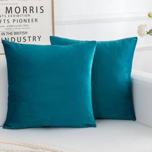 Velvet Decorative Throw Pillow Covers, Soft Square Cushion Case Home Decor for Living Room Couch Bed Sofa, Set of 2 Pack, Teal, 18x18 Inch
