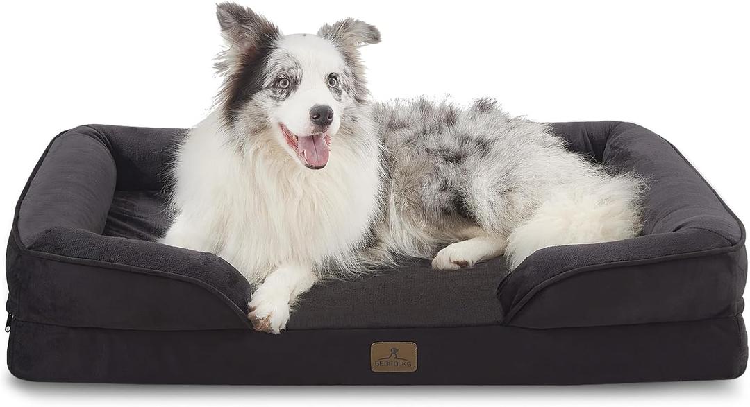 Bedfolks Orthopedic Dog Bed, Big Waterproof Dog Sofa Bed for Large Dogs, Egg Foam Pet Couch Bed with Removable Washable Cover and Nonslip Bottom, Black (38.0"L x 28.0"W x 6.5"Th)