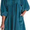 Womens Casual Dresses Corduroy Button Up Empire Waist 3/4 Sleeve Fall Winter Mini Babydoll Dress (Medium, Blue)
