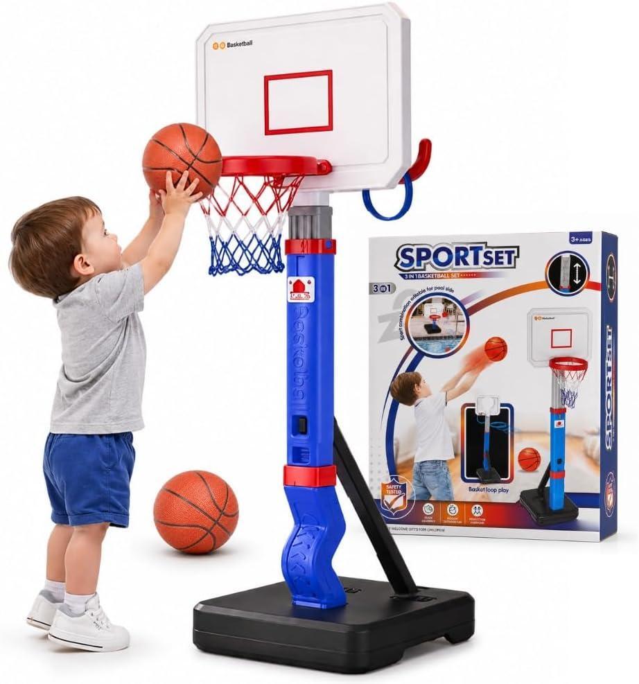 Toddler Basketball Hoop with Ring Toss Game, 2-in-1 Adjustable (2.55.5 Ft) Indoor & Outdoor Kids Basketball Set with Mini Balls, Rings, Pump & Stable Base Sports Toy for Boy & Girl Age 1-5