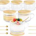 14oz Vintage Coffee Mugs Glass of 6 Overnight Oats Glass Mug with Bamboo Lids Spoons Handle for Iced Coffee Latte Cereal Yogurt(Hobnail*3 & Sunflower*3 with Sealing Ring Lid)