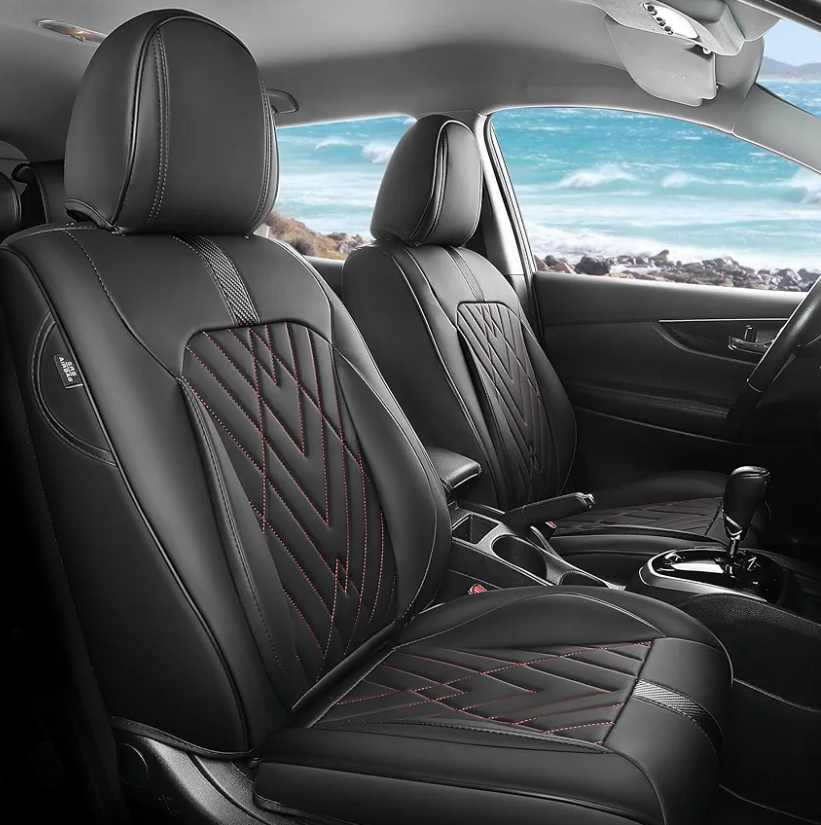 FREESOO Car Seat Covers Full Set, Universal Seat Covers for Cars, Car Seat Protector Waterproof Nappa Leather Seat Cushion Fit for Most Cars BlackRed Line