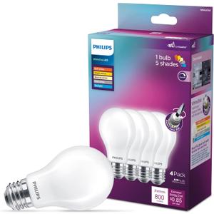 PHILIPS LED 60W A19 4-Pack WhiteDial Mult-CCT (5000K) 800 Lumen (7W = 60W) Dimmable Frosted Flicker-Free Light Bulbs