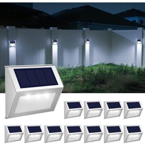 JSOT Outdoor Fence Lights,12 Pack Solar Powered Deck Lights Waterproof Stairs Light Stainless Steel Security Wall Lamps for Step Walkway Patio Garden Pathway - Cool White